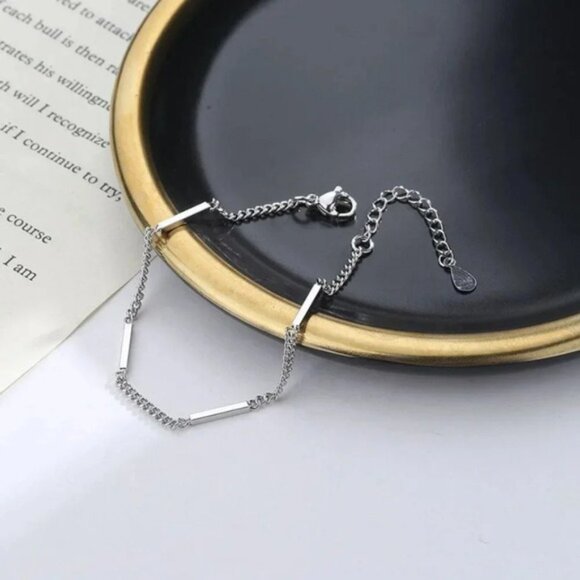 925 Sterling Silver Dainty Bar Link Chain Bracelet Minimalist Bar Thin Bracelet - Picture 2 of 5